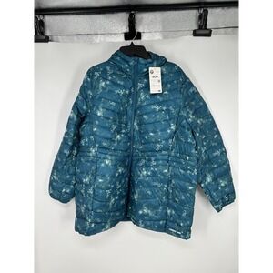 Lands End Down 800 Puffer Jacket Womens Size 1X XL Teal Floral Hooded Insulated